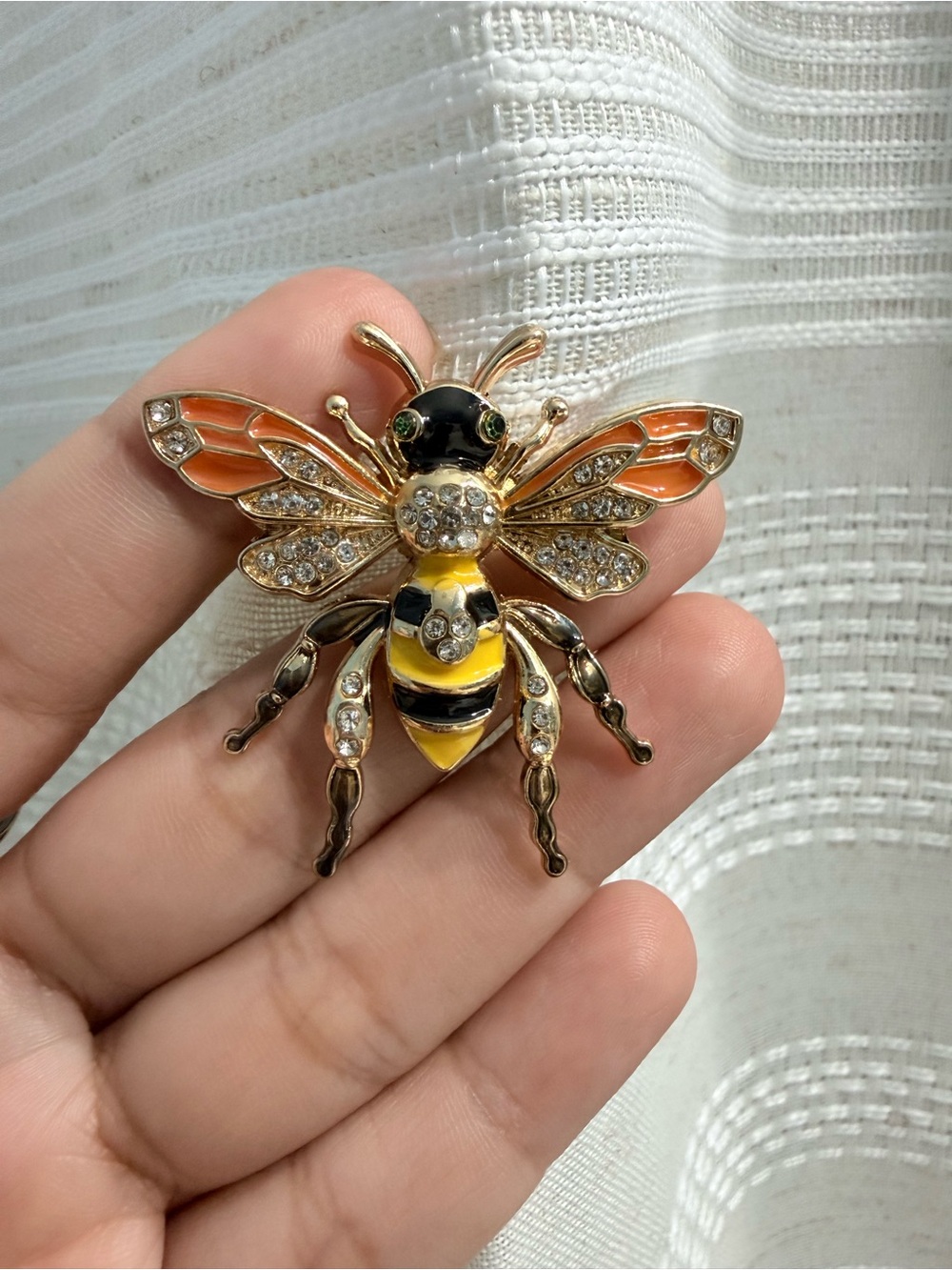 Gold Bee Brooch with Yellow & Orange Enamel and Crystal Accents
